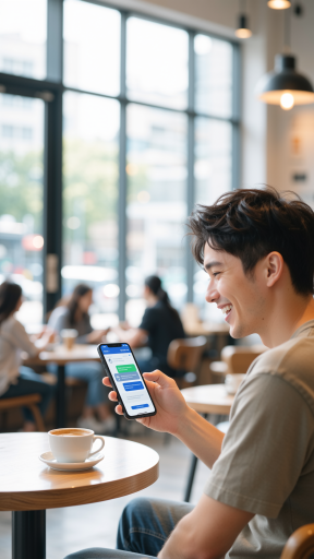 Soundbucks应用详情页面预览,显示咖啡馆内部声音波形图,用户评论和环境氛围信息,浅色主题界面