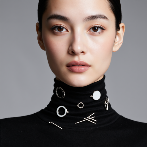 二十八岁左右女性CTO头像,穿黑色高领毛衣,专注表情,科技感背景