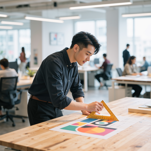 三十二岁左右男性设计师头像,穿休闲衬衫,创意工作室背景,手持设计工具